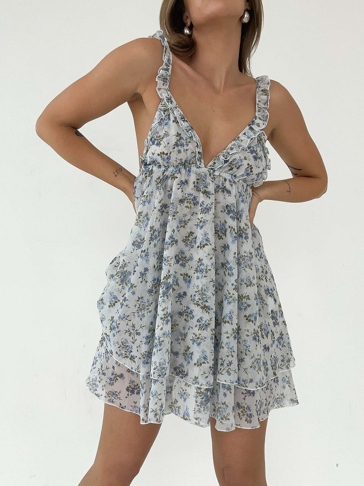 Multi Floral Backless Knotted Short Dress