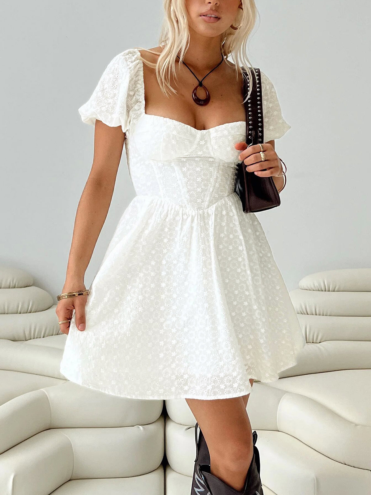 Cotton & Linen Puff Sleeve Short Dress