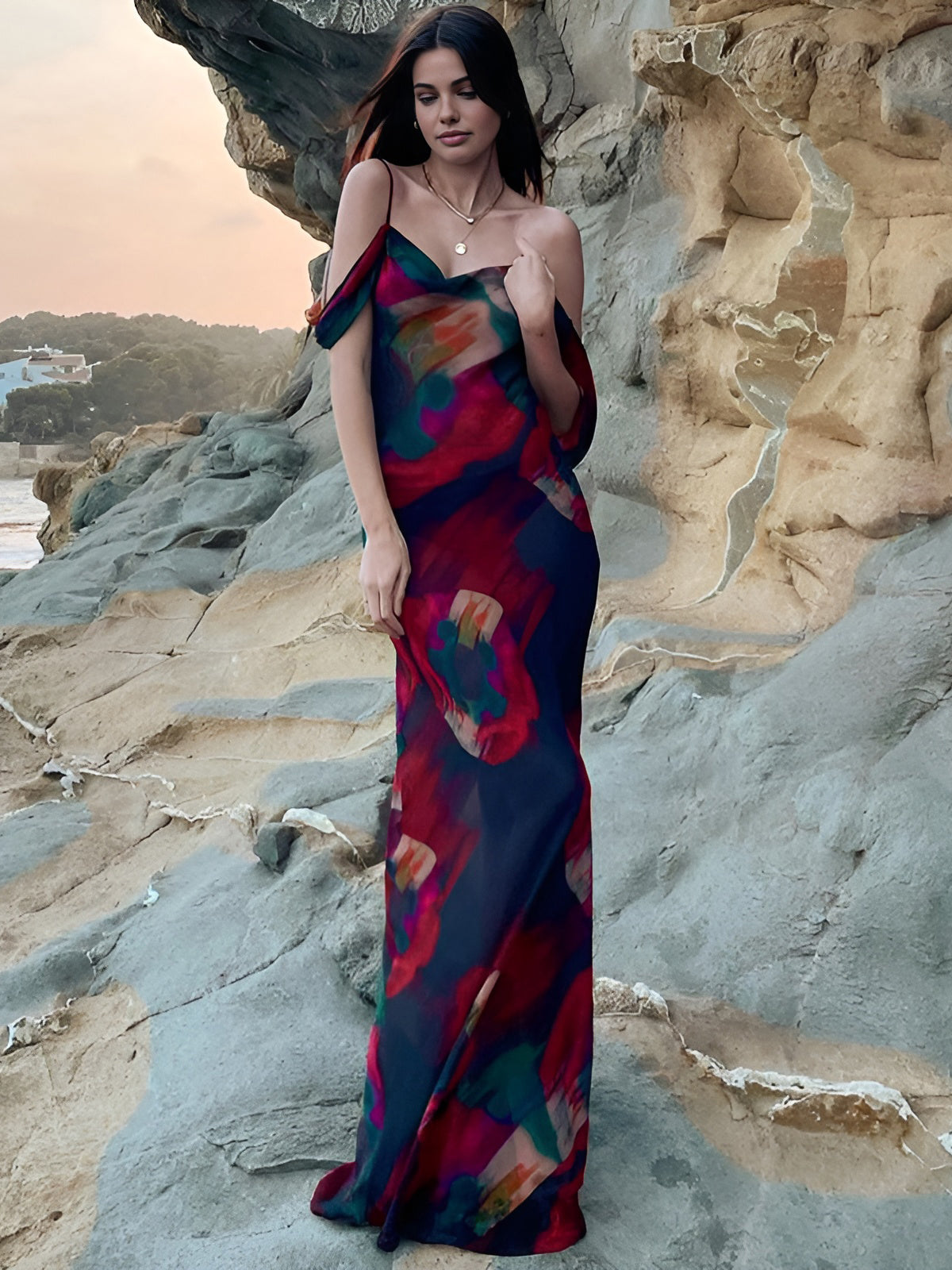 Sheer Floral Print Cami Long Dress