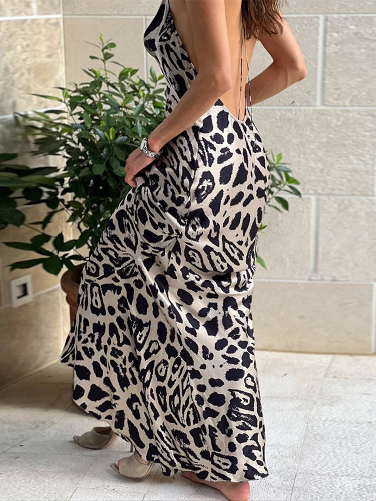 Leopard Print Cowl Neck Halter Long Dress