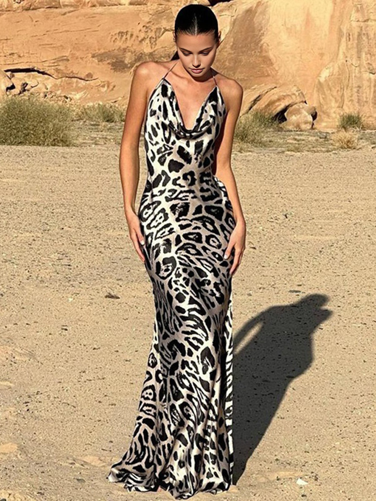 Leopard Print Cowl Neck Halter Long Dress