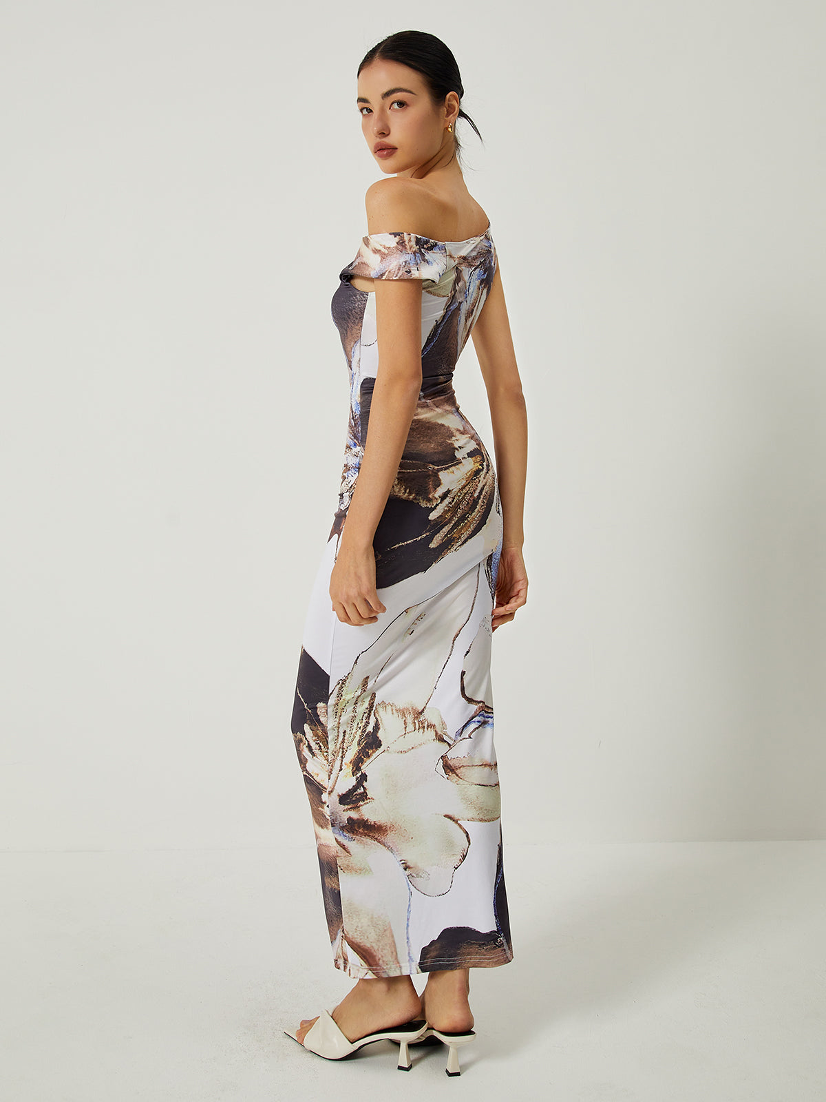 Asymmetrical Printed Off-Shoulder Slim Long Dress